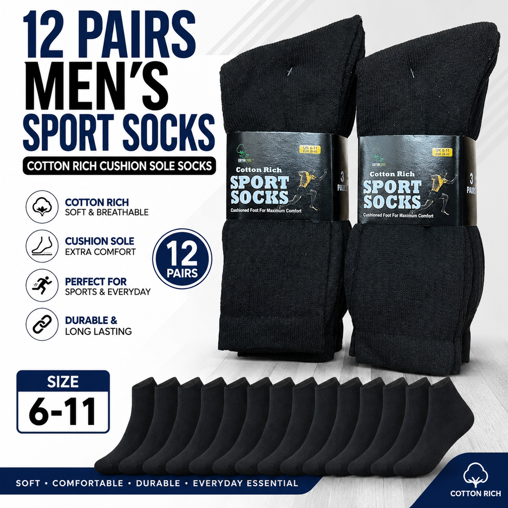 Men's Cotton Sport Socks 12 Pack – Black