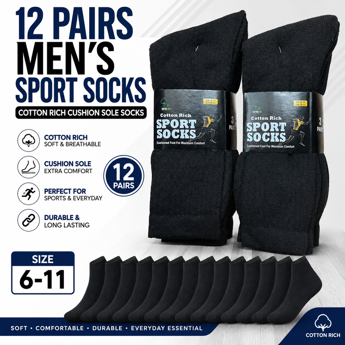 Men's Cotton Sport Socks 12 Pack – Black