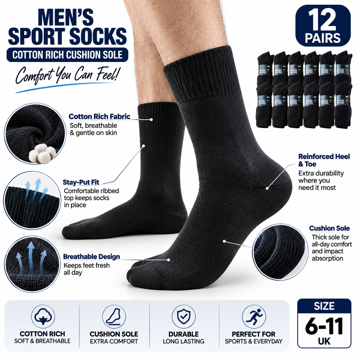 Men's Cotton Sport Socks 12 Pack – Black