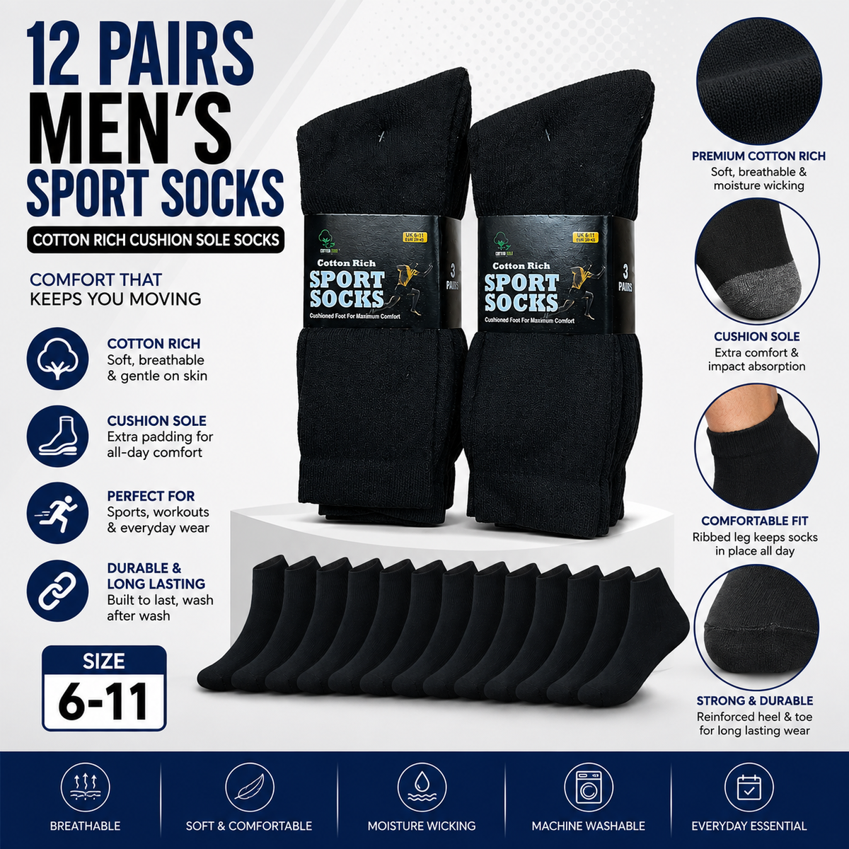 Men's Cotton Sport Socks 12 Pack – Black