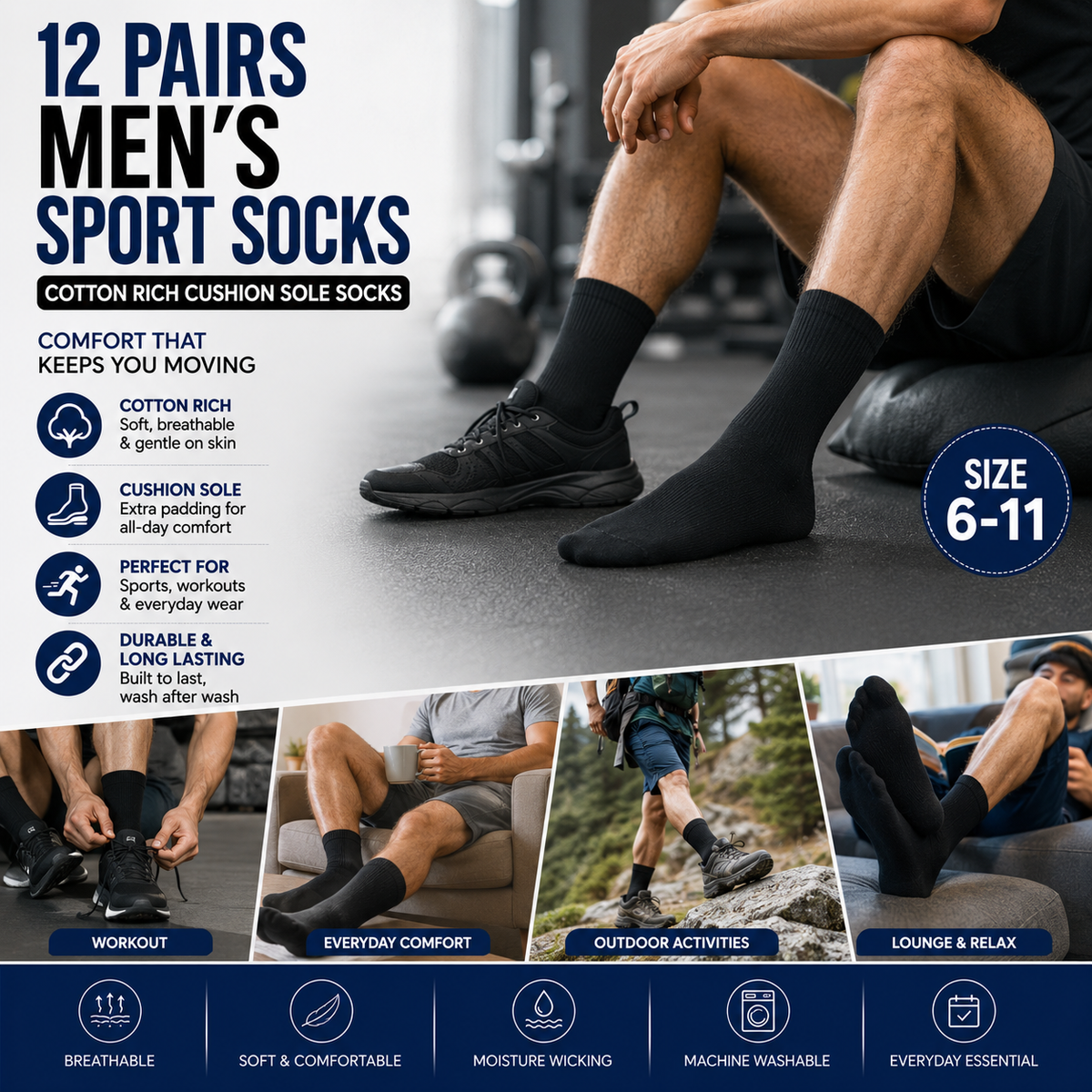 Men's Cotton Sport Socks 12 Pack – Black