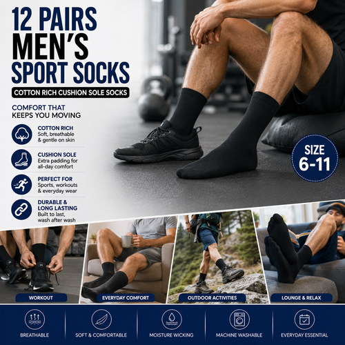 Men's Cotton Sport Socks 12 Pack – Black