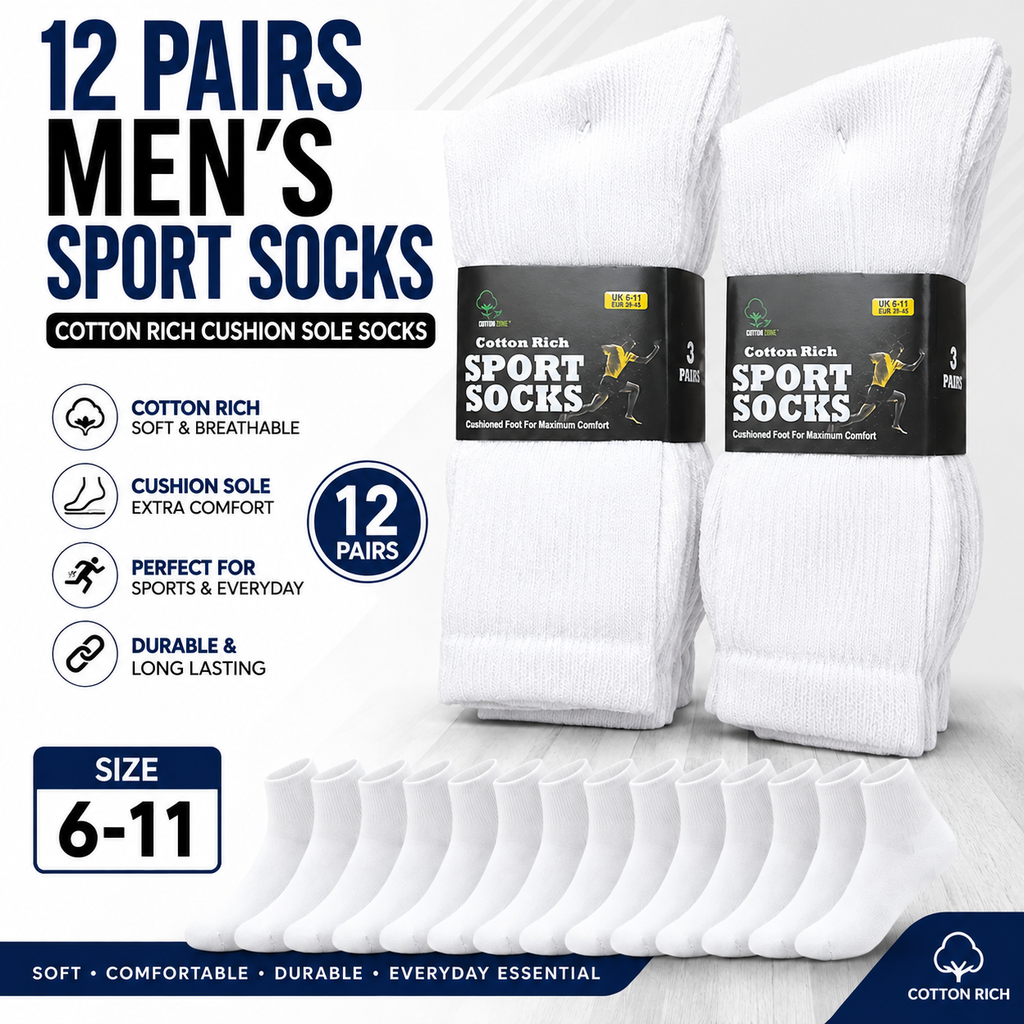 Men's Cotton Sport Socks 12 Pack – White