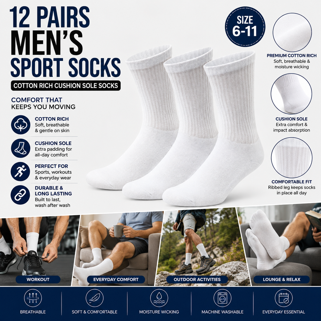Men's Cotton Sport Socks 12 Pack – White