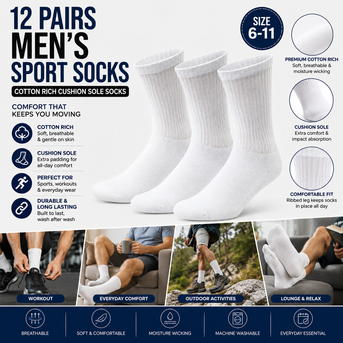 Men's Cotton Sport Socks 12 Pack – White